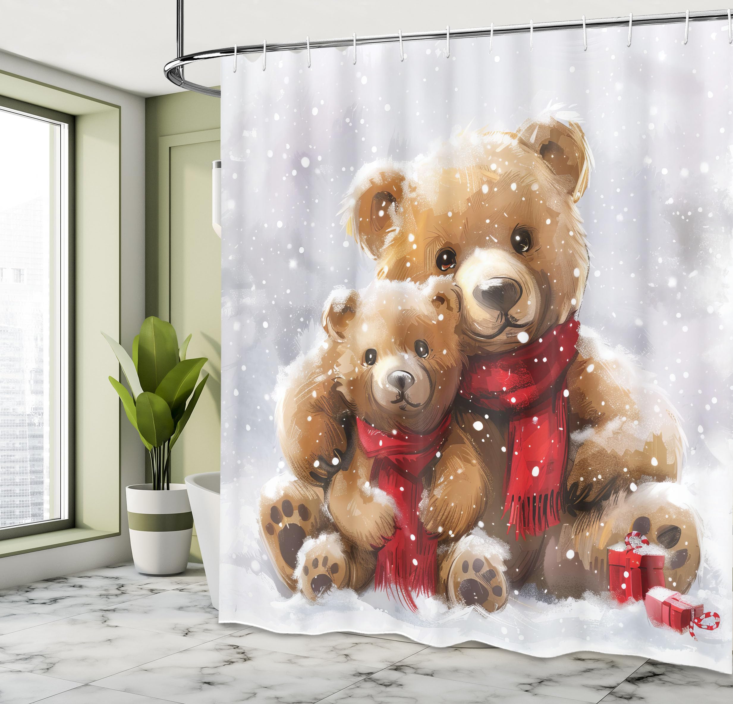 Ambesonne Christmas Shower Curtain, Classic Oil Paint Look Bear Family In Snowy Atmosphere Of Xmas Joy, Cloth Fabric Bathroom De